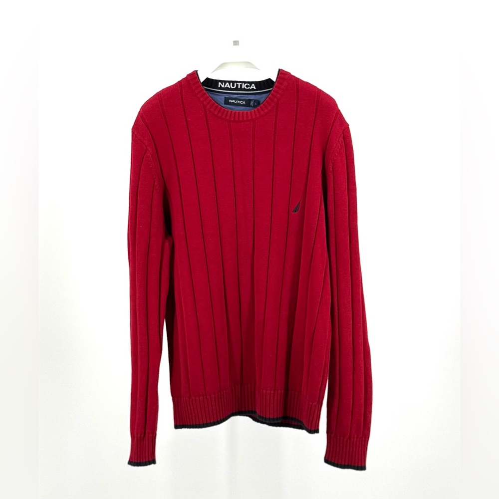 Nautica Red Cotton Ribbed Sweater Navy Accents Size
L